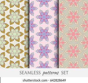 Set of 3 colorful seamless geometric floral patterns for fabric textile paper print. Hexagonal repeating geometrical texture for wallpapers, banners, invitation cards. Seamless backgrounds collection
