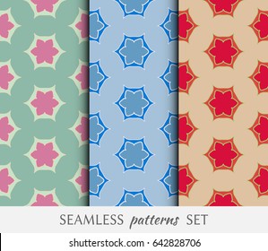Set of 3 colorful seamless geometric floral patterns for fabric textile paper print. Hexagonal repeating geometrical texture for wallpapers, banners, invitation cards. Seamless backgrounds collection