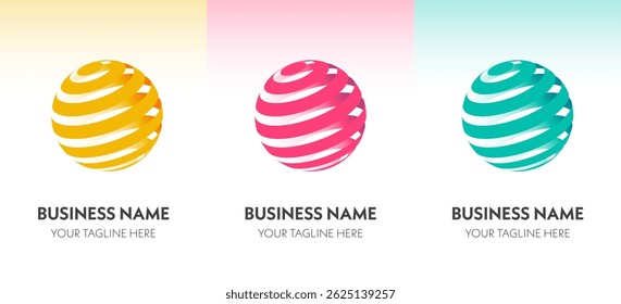 Conjunto de 3 logotipos esféricos coloridos listrados com efeito de globo 3D. Ideal para imagens de marca, identidade comercial ou de inicialização de tecnologia.