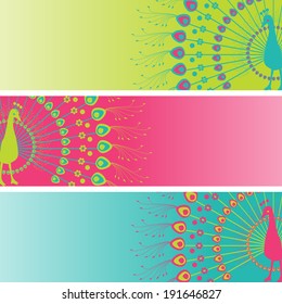 Set of 3 colorful traditional Indian henna design peacock banners with space for text