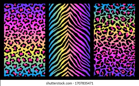 Set of 3 colorful vertical animal fur prints. Animalistic backgrounds. Detailed textures for posters, covers, etc. Rainbow gradients.	
