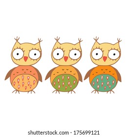 Set of 3 colorfully cute cartoon owls