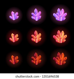 Set of 3 colors, 3 different size glowing crystals, gemstones, gems. Vector gui assets collection in cartoon style for game design isolated on white background.