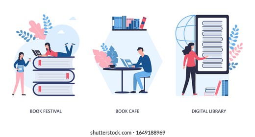 Set of 3 concepts: book festival and cafe, digital library. People are standing, lying and sitting reading books. Girl chooses literature online. Flat vector illustration.