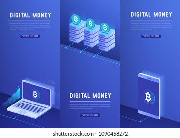 Set of 3 conceptual headings, digital money bitcoin, mining server farm room and smart digital devices such as phone ,computer, card, data processing  vector illustration.
