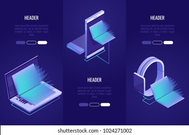 Conjunto de 3 títulos conceituais. Loja de livros online, conceito de biblioteca digital. Laptop e dispositivos móveis com livros no dentro.Ilustração vetorial em estilo isométrico