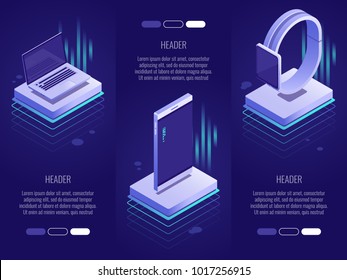 Set of 3 conceptual headings.Smart digital devices such as phone ,laptop,watches. 3d isometric vector illustration on dark blue background