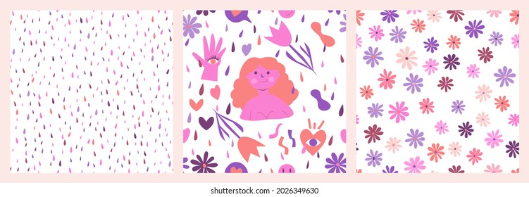 Set of 3 contemporary flat doodle hand drawn seamless patterns in cartoon style. Abstract vector vivid illustration with various elements for paper, cover, clothing, fabric, surface decor, wallpaper.