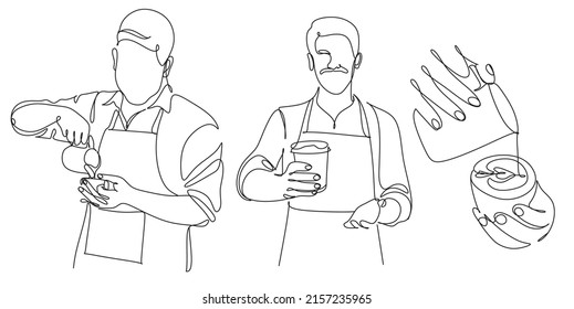 Set of 3 Continue line of barista pouring milk to coffee. Line art drawing of staff coffee vector illustration. Minimalist 