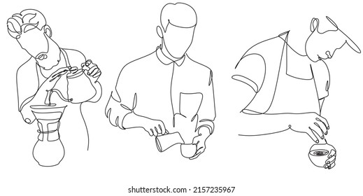 Set von 3 Continue Linie von Barista gießen Milch zu Kaffee. Line Art Zeichnung des Personals Kaffee Vektorgrafik. Minimalist 