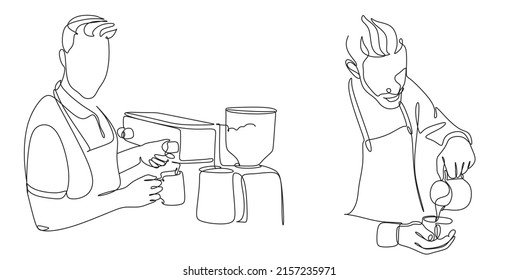 Juego de 3 Continuar línea de barista vertiendo leche al café. Dibujo en línea de la ilustración del vector de café del personal. Minimalista 