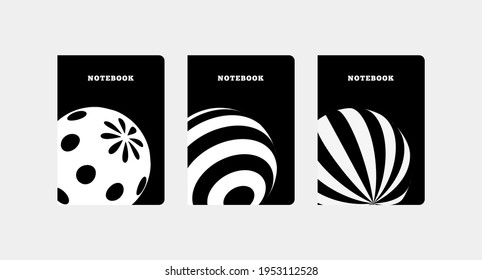 Set of 3 covers for notebooks with a 3d ball sphere with a cartridge stripe or polka dots black and white