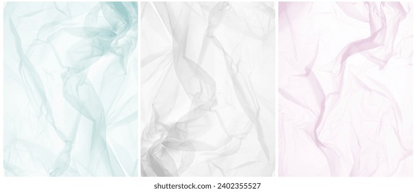 Set of 3 Creative Abstract Vector Layouts Made of Crumpled Foil. Background with Light Blue, White and Pastel Pink Creased Plastic. No Text. RGB. Print with Delicate Tissue Paper Surfuce. RGB.