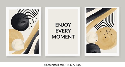 set of 3 creative abstract watercolor geometric illustrations for decorating walls, decorating postcards or brochures. Vector EPS10. Enjoy every moment
