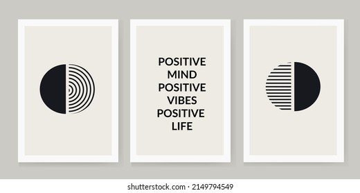 set of 3 creative abstract watercolor geometric illustrations for decorating walls, decorating postcards or brochures. Vector EPS10. Positive mind, positive vibes, positive life