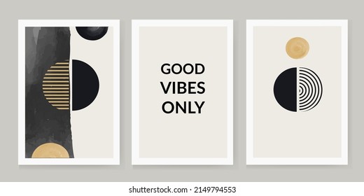 set of 3 creative abstract watercolor geometric illustrations for decorating walls, decorating postcards or brochures. Vector EPS10. good vibes only
