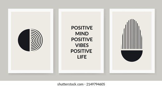 set of 3 creative abstract watercolor geometric illustrations for decorating walls, decorating postcards or brochures. Vector EPS10. Positive mind, positive vibes, positive life