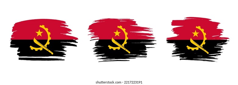 Set Of 3 Creative Brush Flag Of Angola With Grungy Stroke Effect. Modern Brush Flags Collection