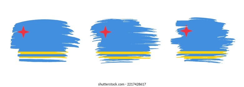 Set of 3 creative brush flag of Aruba with grungy stroke effect. Modern brush flags collection
