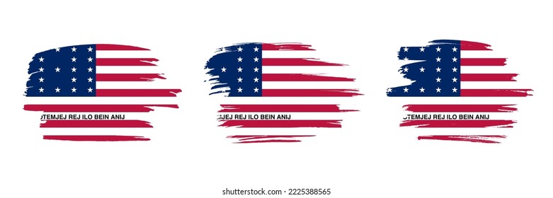 Conjunto de 3 banderas creativas de pincel del atolón de Bikini con efecto de trazo grueso. Colección moderna de banderas de pincel.