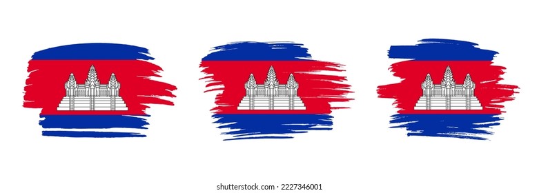 Set of 3 creative brush flag of Cambodia with grungy stroke effect. Modern brush flags collection.