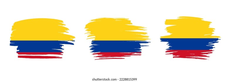 Set of 3 creative brush flag of Colombia with grungy stroke effect. Modern brush flags collection.