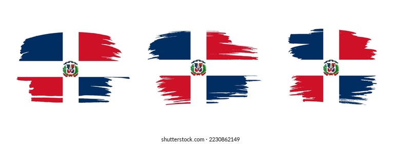 Set of 3 creative brush flag of Dominican Republic with grungy stroke effect. Modern brush flags collection.