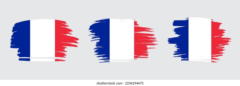 Set of 3 creative brush flag of France with grungy stroke effect. Modern brush flags collection.