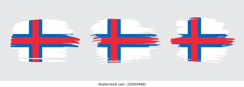 Set of 3 creative brush flag of Faroe Islands with grungy stroke effect. Modern brush flags collection.
