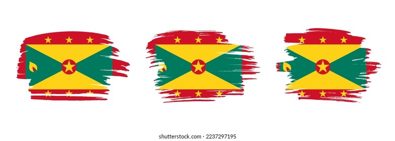 Set von 3 kreativen Pinselfahnen von Grenada mit grungigem Schlageffekt. Moderne Sammlung von Pinselfahnen.