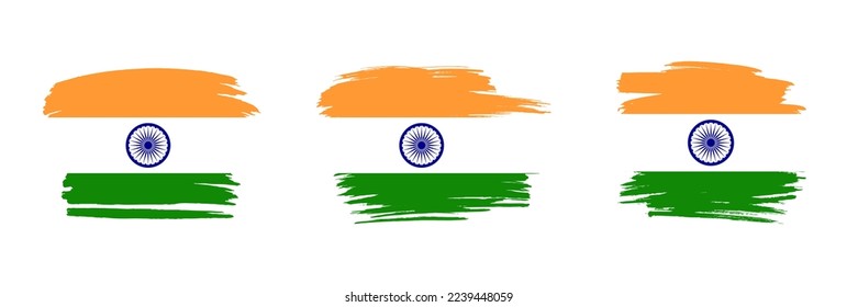 Conjunto de 3 banderas de cepillo creativas de la India con efecto de trazo grueso. Colección moderna de banderas de pincel.