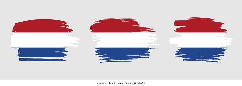 Set of 3 creative brush flag of Netherlands with grungy stroke effect. Modern brush flags collection.