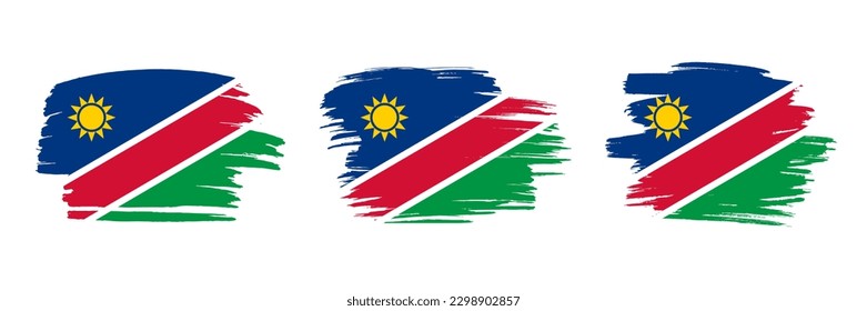 Set of 3 creative brush flag of Namibia with grungy stroke effect. Modern brush flags collection.