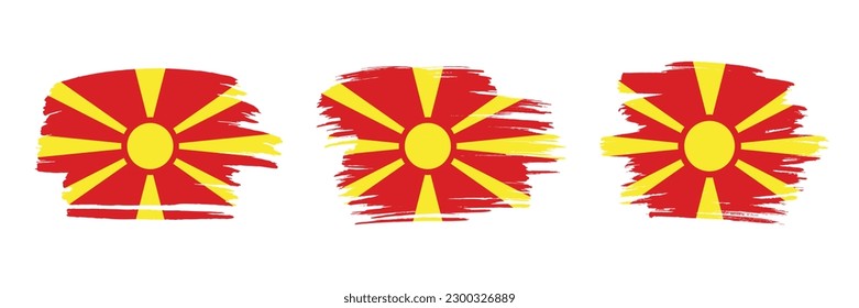 Set of 3 creative brush flag of North Macedonia with grungy stroke effect. Modern brush flags collection.