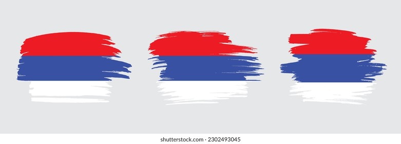 Conjunto de 3 banderas de cepillo creativas de la República Srpska con efecto de trazo grueso. Colección moderna de banderas de pincel.