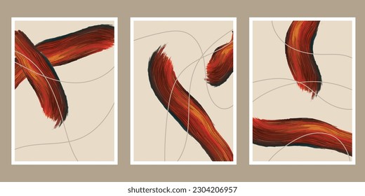 Conjunto de 3 ilustraciones minimalistas creativas pintadas a mano para la decoración de paredes, postales o folletos. EPS10 vectores.