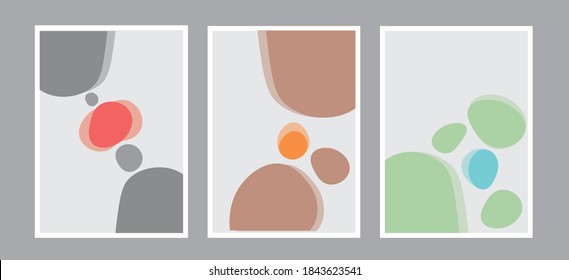 Set of 3 creative minimalist illustrations with shapes design for wall decoration, postcard or brochure design. Vector EPS10. Art decoration. For wall decoration. Contemporary abstract art.
