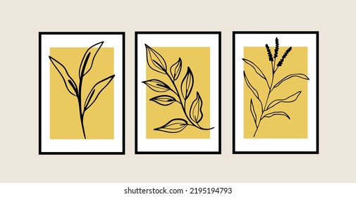 Set von 3 kreativen minimalistischen Yellow Wall-Kunstdrucken, botanischer Wall-Deko, Plant Wall Art, Botanische Linie Art, Gelbes Home-Dekor, Set von 3 Wall-Prints, Gelbe Kunst