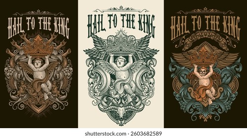 Set of 3 cupid angel holding crown with engraving ornament background. vector hand drawn