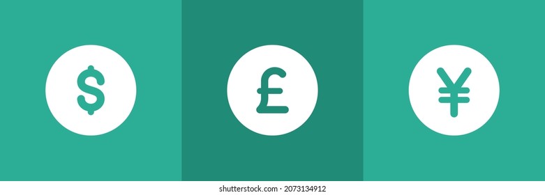Set of 3 currency symbols. Dollar, British pound and Japanese yen icons.