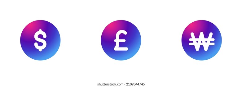 Set of 3 currency symbols on purple gradient background. Dollar , British pound and Won icons.