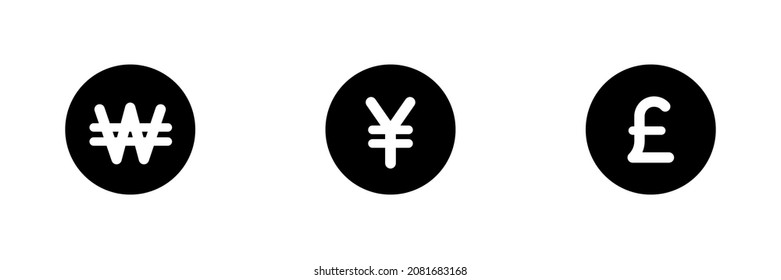 Set of 3 currency symbols. Won,  Yen and British pound icons.