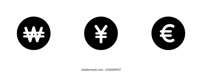 Set of 3 currency symbols.Won, Yen and Euro icons.