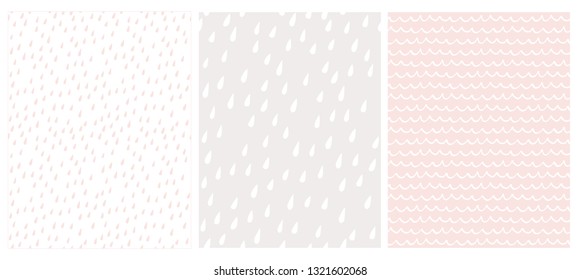 Set of 3 Cute Abstract Geometric Vector Patterns. White, Warm Gray and Pink Color Design. Brushed Raindrops on a White and Light Grey. Irregular White Waves on a Pink Background. 