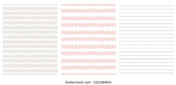 Set of 3 Cute Abstract Geometric Vector Patterns. White, Warm Gray and Pink Color Seamless Design. Brushed Style Waves on a White, Light Grey and Pink Background.  Irregular Infantile Style Waves.