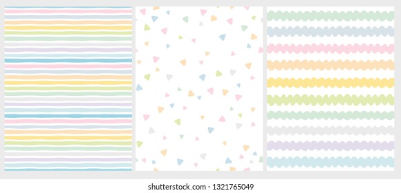 Set of 3 Cute Abstract Geometric Vector Patterns. Multicolor Seamless Design. Stripes, Triangles and Waves. White Background. Irregular Infantile Style Waves.Blue, Pink, Yellow, Green and White Design