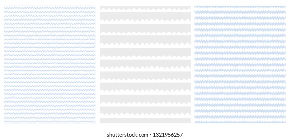 Set of 3 Cute Abstract Geometric Vector Patterns. White, Warm Gray and Blue Color Design. Brushed Style Waves on a White, Light Grey and Blue Background.  Irregular Infantile Style Waves.