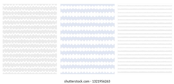Set of 3 Cute Abstract Geometric Vector Patterns. White, Warm Gray and Blue Color Design. Brushed Style Waves on a White, Light Grey and Blue Background.  Irregular Infantile Style Waves.