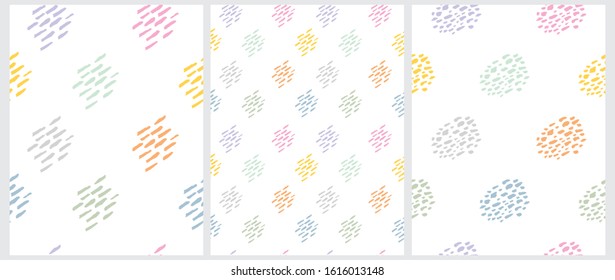 Set of 3 Cute Abstract Spots Vector Pattern. Colorful Hand Drawn Brush Spots Isolated on a White Background. Lovely Pastel Color Geometric Vector Prints. Funny Infantile Style Repeatable Design.