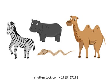 Set 3 of cute animals collection: zebra, hippo, camel, cobra. African animals for kid's education
